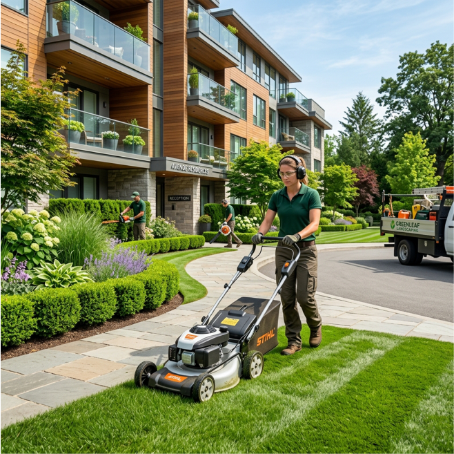 Gartenpflege Rasenmähen vor Wohnkomplex