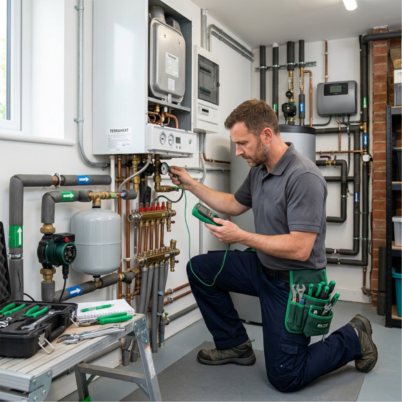 Techniker prüft Heizungsanlage